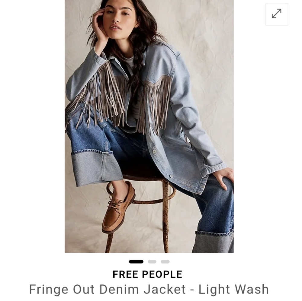 Free People Light Wash Denim Fringe Jacket